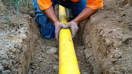 Worker Carefully Installing Underground Yellow Pipe in Trench, Utilizing Protective Gloves for Safety