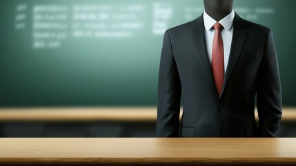 Businessman in suit and tie presenting information on blackboard in professional setting