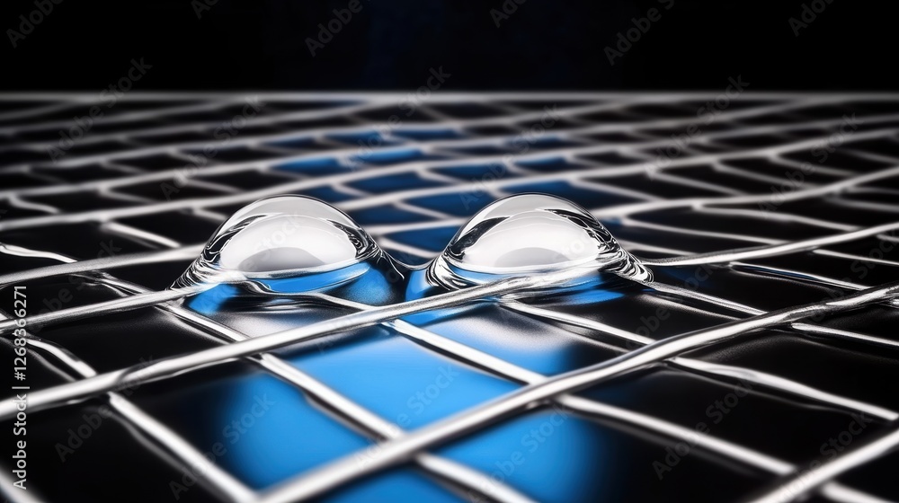 Poster two water droplets on a grid-like surface with a reflective background.