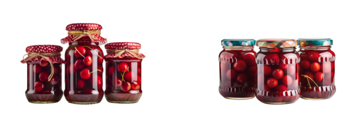 Close-up Thinly sliced Cherry are preserved in glass jars, covered with beautifully patter