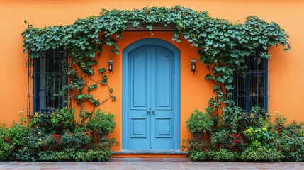 A blue door adorned with climbing vines and colorful flowers on an old building exterior