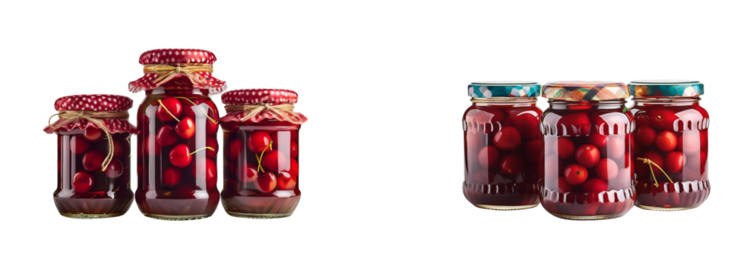Close-up Thinly sliced Cherry are preserved in glass jars, covered with beautifully patter