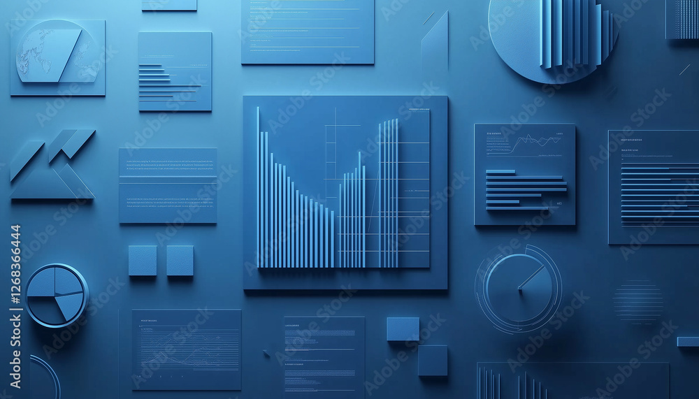 Poster abstract blue data visualization showing charts graphs and diagrams in 3d