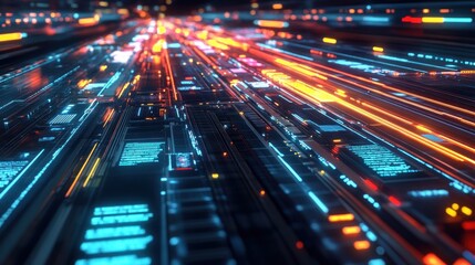 Abstract Futuristic Digital Highway: Neon Lights and Data Streams