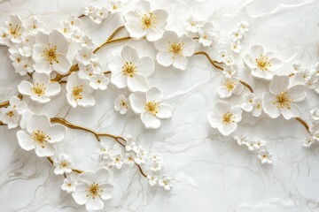 Luxurious 3D floral wallpaper with a combination of gold accents and white blossoms, seamlessly integrated into a marbled white backdrop.