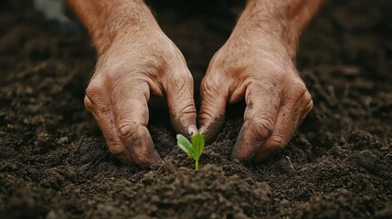 First Day of Spring concept. Hands Carefully Planting Seeds in Fresh Fertile Soil for New Growth and Sustainability