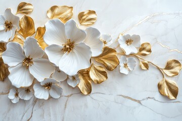 Luxurious 3D floral art with golden and white petals layered on a smooth white marble surface for a serene aesthetic.