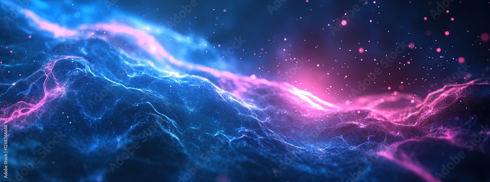 Poster abstract particle waves flowing dynamically in vibrant blue and pink hues, creating a mesmerizing vi