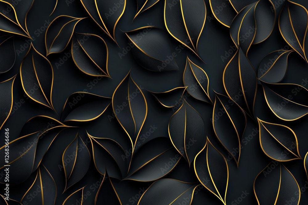 Poster luxurious black background adorned with intricate gold leaves in a 3d style, creating a rich and ele