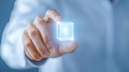 Humancomputer interaction, man in white shirt activates control interface by pressing a button with his finger