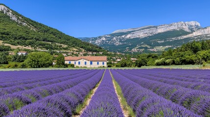 First Day of Spring concept. Lavender Field in Full Bloom Under a Bright Blue Sky in a Picturesque Mountain Valley
