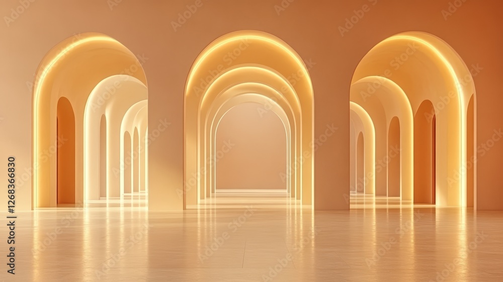 Poster 3d rendering of a minimalist empty room with multiple arched doorways and arches in a modern design