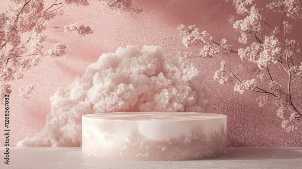 Poster soft pink background with floral elements and cloud structure display