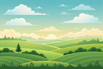 Fototapeta premium Sunrise over rolling green hills, idyllic countryside landscape, peaceful morning scene, ideal for travel brochures