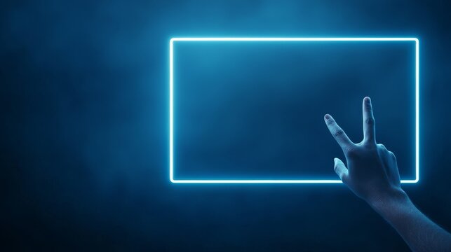 Hand interacting with futuristic glowing frame, a vision of digital innovation and technological advancement