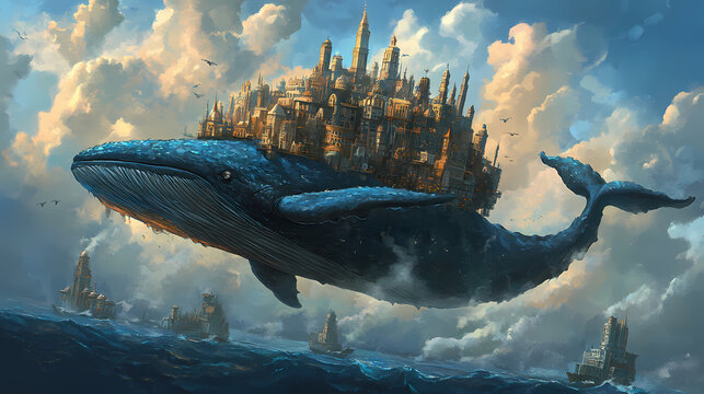 A colossal whale carries a fantastical city on its back, blending oceanic and architectural wonders. Cloudborn Leviathans. Illustration