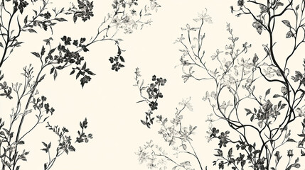 A delicate floral pattern featuring intricate black and white botanical illustrations.