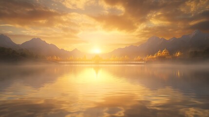 A stunning image of a sacred golden temple city suspended in the heavens.