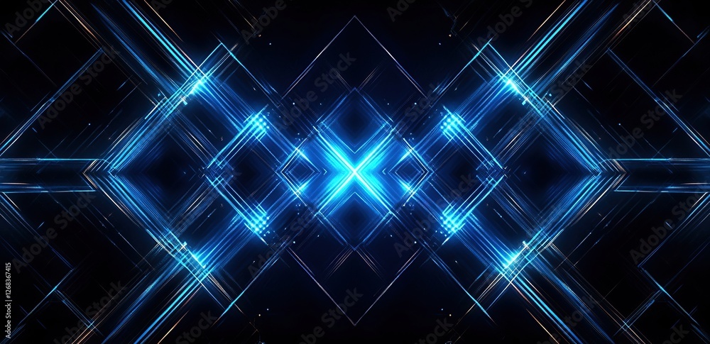Poster abstract blue neon lines crossing dynamically in a futuristic style: glowing geometric shapes inters
