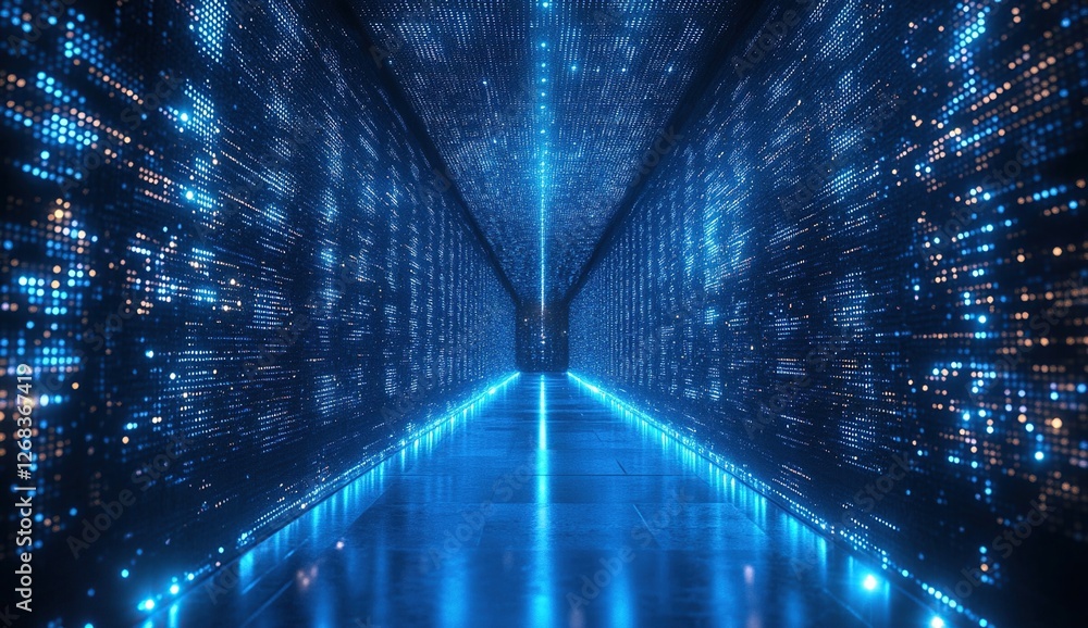 Poster exploring the digital corridor: a journey through illuminated data streams and futuristic technology