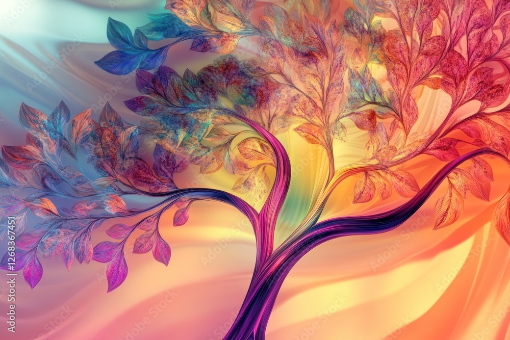 Poster modern 3d abstraction of a tree with radiant leaves in gradient colors, flowing branches, and a soft