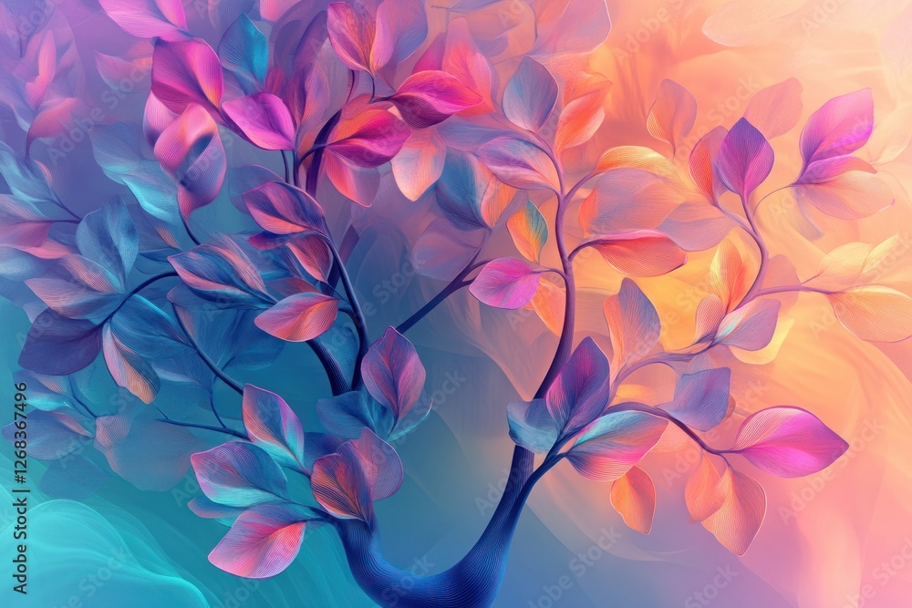 Poster modern 3d abstraction of a tree with radiant leaves in gradient colors, flowing branches, and a soft