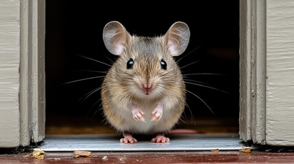 Obraz premium Small mouse looking out of window and standing in doorway in a detailed indoor environment