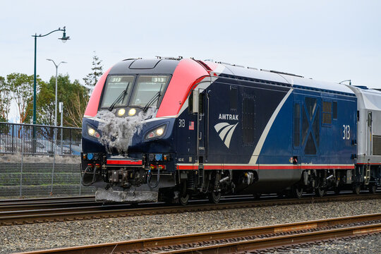 Mukilteo, WA, USA - February 15, 2025; Ice on front of Amtrak Empire builder in winter travelling from Chicago to Seattle