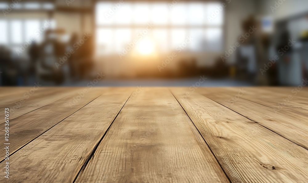 Poster rustic wooden work surface with a blurred background ideal for design and decor projects.