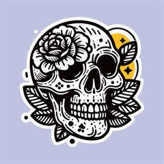 illustration vector graphic of skull head with flower ornament drawing