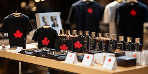 Canadian maple leaf merchandise display, event boutique