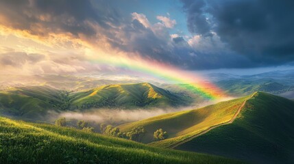 Obraz premium Serene Landscape of Rolling Green Hills Under a Vibrant Rainbow During a Peaceful Sunset with Soft Light and Mist in the Countryside