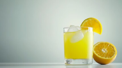 Glass of freshly squeezed orange juice with a slice of orange, refreshing and healthy delight