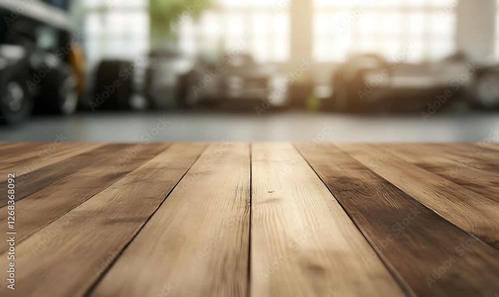 Poster rustic wooden work surface with a blurred background, ideal for creative and design projects.