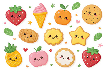 Fototapeta premium Cute cartoon food dessert treats, isolated white background, playful design, kids menu