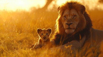 Majestic Lion and Playful Cub Resting Together in Serene Golden Light of African Savanna at Sunset, Capturing the Essence of Wildlife Harmony and Love
