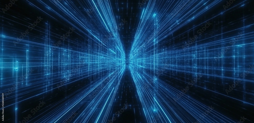 Poster digital data streams flowing through abstract cyberspace, creating a futuristic tunnel of light and 
