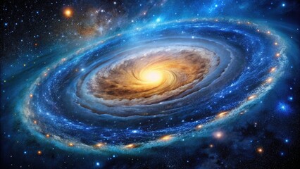 Obraz premium A cosmic ballet: macro lens captures blue spiral nebula's intricate detail amidst starry universe dust.