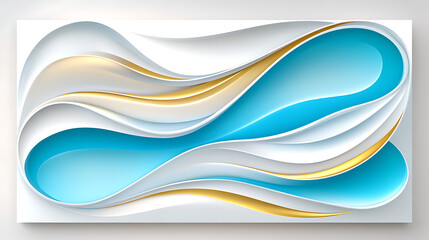 Elegant Waves of White Blue and Gold Abstract Design with Refined Layered Forms and Subtle Reflections