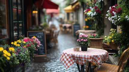 Parisian cafe, rain, flowers, cobblestone street, romantic ambiance, travel brochure