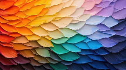 Obraz premium Thick impasto paint strokes arranged in a colorful rainbow gradient pattern resembling overlapping scales.