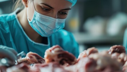 Focused Surgeon Performing Delicate Procedure on Raw Meat