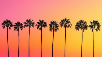 Obraz premium Vibrant Sunset Over Palm Trees with Colorful Gradient Sky in Warm Tones