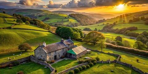 Aerial view of a charming Welsh farmhouse, showcasing the beauty of the rural countryside.