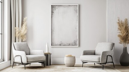 Modern minimalist living room interior design, two armchairs, side table, artwork