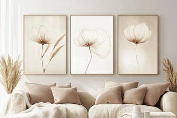 rtical posters featuring delicate full color flowers drawn in smoky line art style, each poster highlighting a single bloom like a flower with soft neutral backgrounds