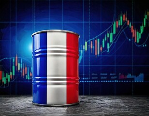 Oil barrel displays French flag against stock market background with rising trends