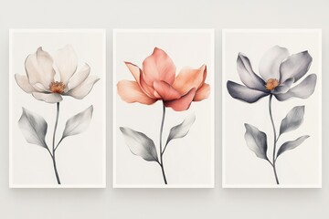rtical posters featuring delicate full color flowers drawn in smoky line art style, each poster highlighting a single bloom like a flower with soft neutral backgrounds