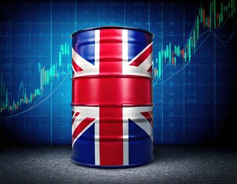 Oil barrel prominently featuring United Kingdom flag on stock market background