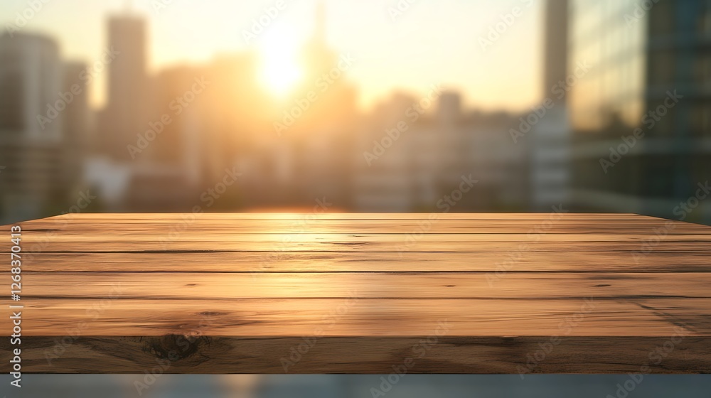Poster a rustic wooden table with a blurred background, ideal for home decor and design projects.